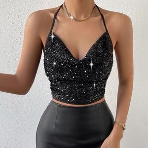 Draped Front Backless Crop Sequin Halter Top